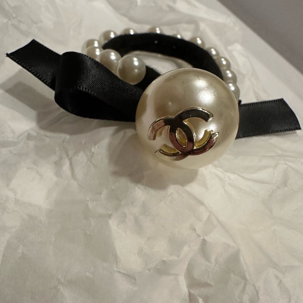 CHANEL Black and Pearl Logo Hair Accessory